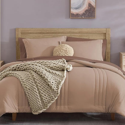 Monbix Twin XL Size Comforter Set - Extra Long 5 Pieces Dorm Bedding Sets, Quilting Design Fluffy Bed in a Bag Twin XL with Sheets, Pillowcase & Sham(Rust Pink)