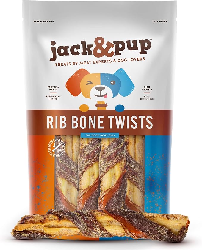 Jack&Pup Twist Beef Rib Bones for Dogs, 7" Beef Rib Bone Small Dog Bones for Puppies with Beef Jerky Twist for Flavor and Fun - Healthy Dog Bones Rib Small Dog Chew Bones (4 Count)-Mewly Pet