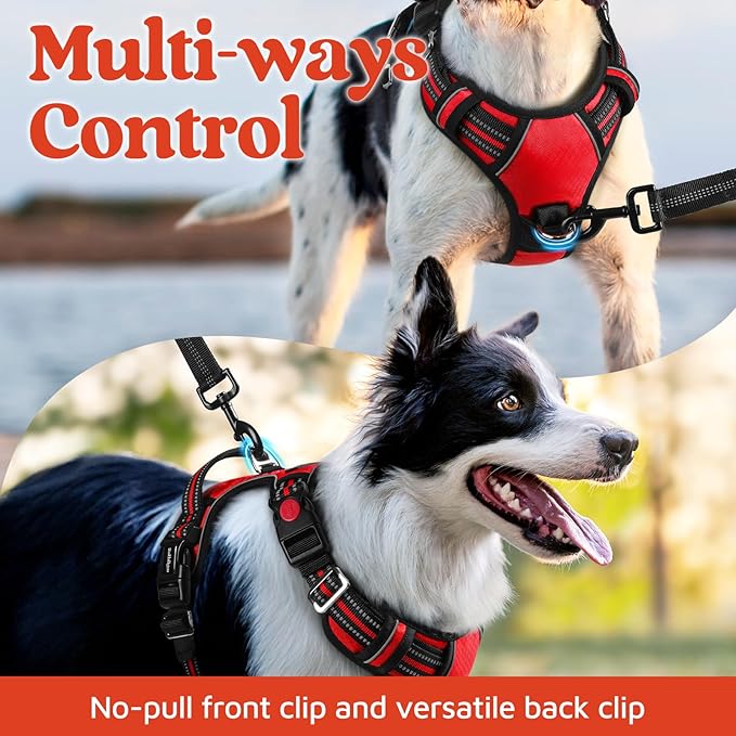 rabbitgoo Dog Harness Medium Sized, No Pull Dog Vest with 3 Buckles, Adjustable Soft Padded Pet Harness with Easy Control Handle and Reflective Strips, Red, M-Mewly Pet