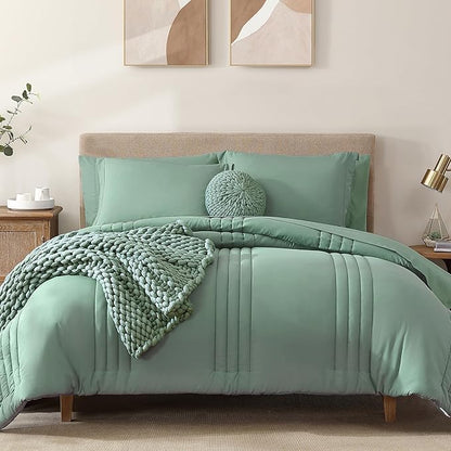 Monbix Queen Comforter Set - 7 Pieces Harbor Green Bed in a Bag Queen Bedding Sets with Comforters, All Seasons Down Alternative Comforter Bed Set with Sheets, Pillowcases & Shams