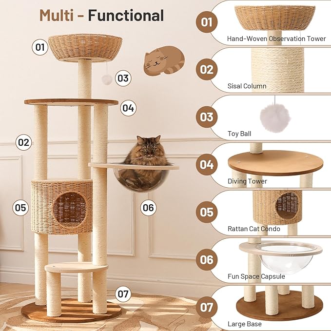 Heavy Duty Cat Tree with Scratching Post,Capsule,Basket,and Bed Modern Tall Cat Condo for Indoor Large-Mewly Pet