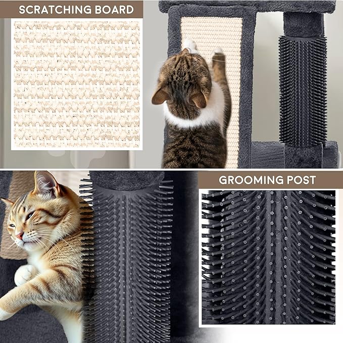 Large Cat Tree Tower for Large Cats, Cat Scratching Post, Self Grooming Post, Interactive Cat Toys, Oversized Perch and Basket, Heavy Duty 72", Dark Grey-Mewly Pet