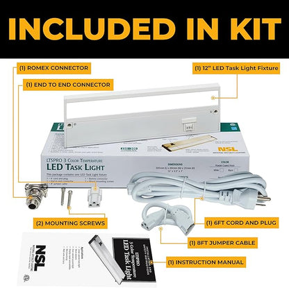 LED Under Cabinet Lighting Hardwired - 3CCT 12 Inch White Finish - Undercabinet Lights for Kitchen - Linkable Undercounter Dimmable Plug in Light or Hard Wired - Under Counter Fixture Direct Wire
