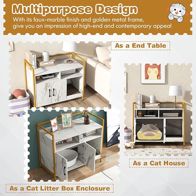 Tangkula Litter Box Enclosure, Modern Cat Litter Box Furniture with Metal Frame, Scratching Board, Storage Compartment, Hidden Cat Washroom (Marble White)-Mewly Pet