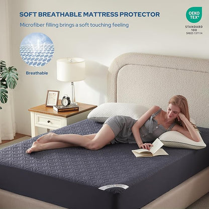 BEDLORE Waterproof Mattress Protector, King Size Mattress Pad with Deep Pocket 6"-18" Depth, Soft Dirt-Proof Double Bed Mattress Cover for Bedroom, College Dorm, Hotel (Navy Blue)