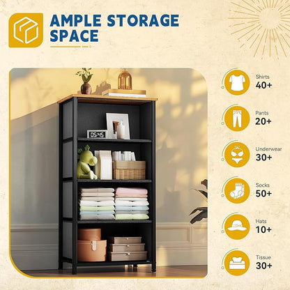 DWVO 4 Drawers Dresser, Small Dresser for Bedroom, Fabric Storage Tower, Chest of Drawers, Organizer Unit for Closets, Living Room, Sturdy Steel Frame, Wooden Top, Easy Pull Handle