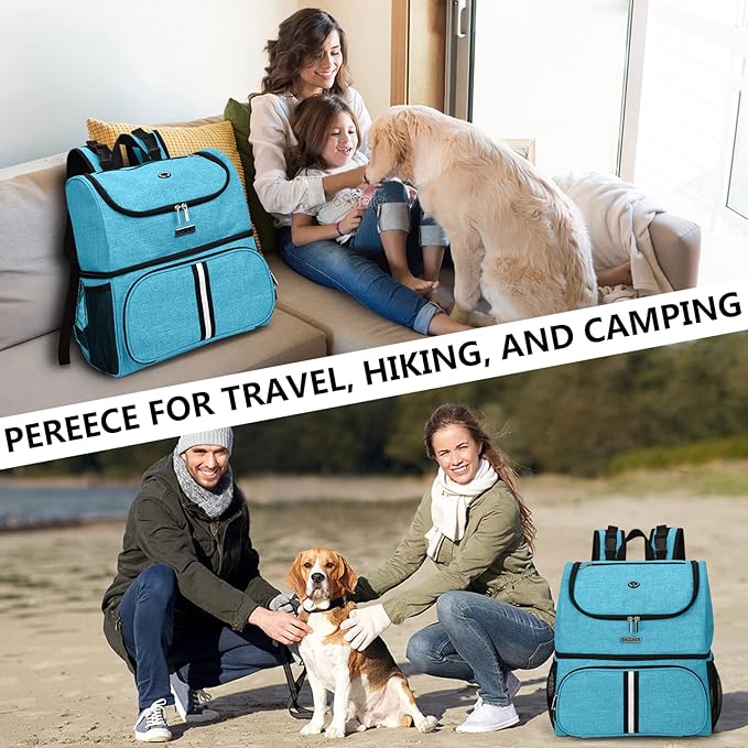 BAGLHER Pet Travel Bag, Double-Layer Pet Supplies Backpack (for All Pet Travel Supplies), Pet Travel Backpack with 2 Silicone Collapsible Bowls and 2 Food Baskets Sky Blue-Mewly Pet