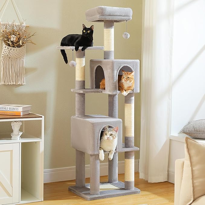 Cat Tree for Indoor Cats, 62-Inch Multi-Level Cat Tower with Scratching Posts for Large Cats, 2 Bigger Plush Condos, Padded Platform, Soft Cat Bed and Scratching Pad, 2 Pompoms, Gray-Mewly Pet