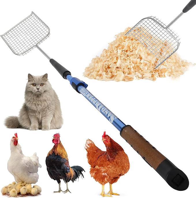 Sand Dipper Cat Poop Scooper & Chicken Poop Scooper - Rugged Big 6" Square Stainless Steel Long Handle for Home Kitty Litter Scoop & Farm Chicken Coop Scooper (Mid-Adjustable)-Mewly Pet