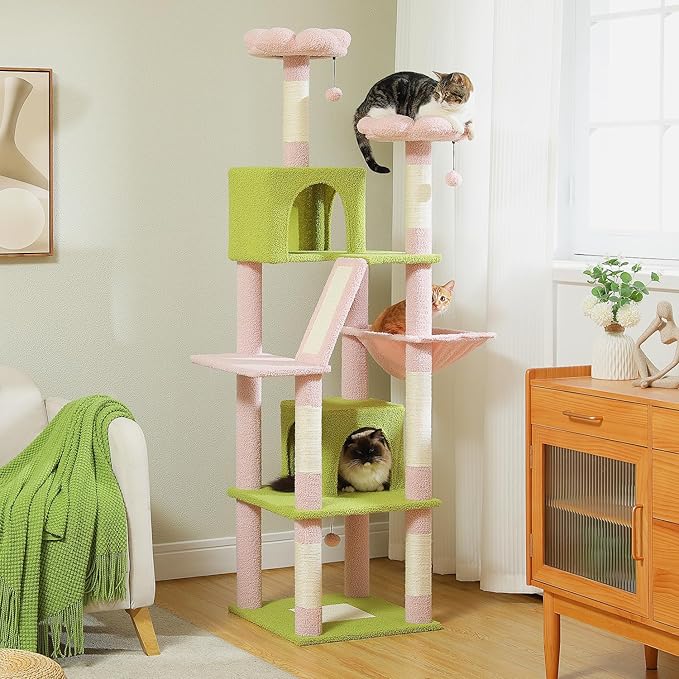 PAWZ Road 70 Inch Cat Tower, Pink Cat Tree with 2 Cozy Condos, 2 Plush Perch, Large Basket, 2 Scraching Pad & 6 Scraching Posts for Indoor Cats Large Adult-Mewly Pet