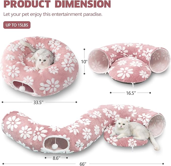 Cat Tunnel for Indoor Cats, Cute Peekaboo Cat Cave with Dangling Balls, Pet Donut Tunnel Bed with Circle Mat for Puppy Kitten Rabbit, Pink-Mewly Pet