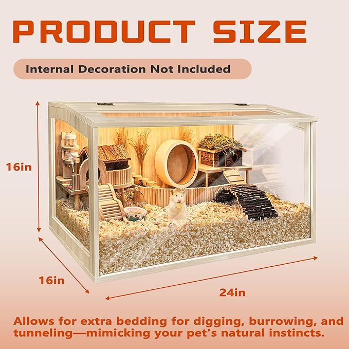 Prolee Hamster Cage Chewproof Wooden 24 Inch Guinea Pig Cages Mice and Rat Habitat Openable Top with Acrylic Sheets Solid Built-Mewly Pet