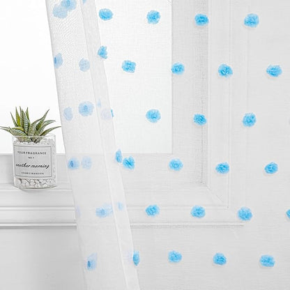 MYSKY HOME Light Blue Pom Pom Sheer Curtains for Girls Bedroom - 45 Inch, Light Filtering, Nursery, Kids Room, Rod Pocket, Cafe Style, Small Window Panels, 52 x 54 in, Set of 2
