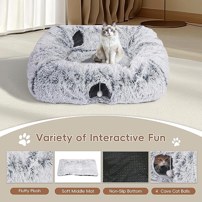 Extra Large Cat Tunnel Bed, 4 Ways Tunnels for Indoor Cats, Multi-cat Family Peekaboo Cave & Cat Bed, Plush Cat Donut with Washable Middle Mat, Exit Balls, Pet Play Toy for Kitten Puppy Rabbit-Mewly Pet
