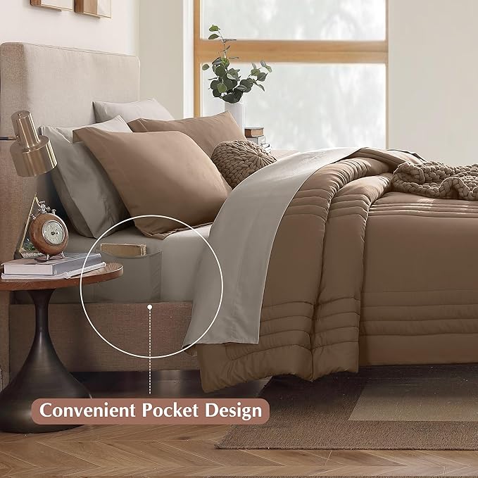 Monbix King Size Comforter Set - 7 Pieces Bed in a Bag King, Raw Umber Bedding Sets with Comforter, All Seasons Down Alternative Comforter Bed Set with Sheets, Pillowcases & Shams