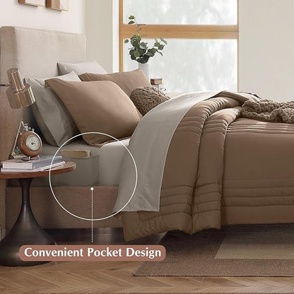 Monbix Oversized Queen Comforter Set - 7 Pieces Brown Bed in a Bag Queen Bedding Sets with Comforters, All Seasons Down Alternative Comforter Bed Set with Sheets,Pillowcases & Shams