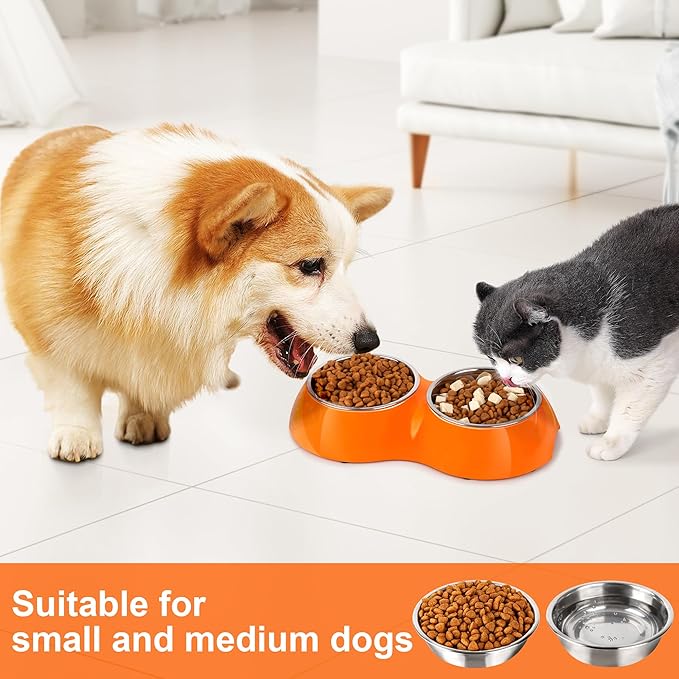 Elevated Dog Bowls Set - Non-Slip Raised Pet Feeder with Medium (10 oz) & Large (20 oz) Stainless Steel Bowls - Includes Durable Resin Stand for Puppies, Adult Dogs & Cats - Orange-Mewly Pet