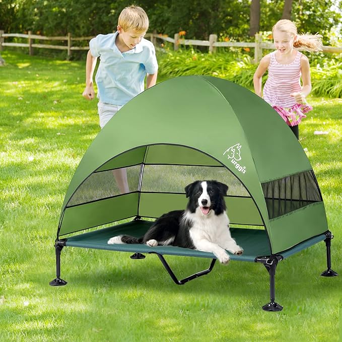 Upgraded Elevated Dog Bed with Canopy, Portable Raised Outdoor Dog Bed with Stable Anti-Slip Feet, Wider Shade Pet Bed Cot, Raised Dog Beds for Large Pets Camping, Indoor & Outdoor Use-Mewly Pet