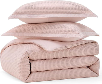 Bedsure Cotton Duvet Cover Queen - 100% Cotton Waffle Weave Pink Duvet Cover Queen Size, GentleSoft™ and Breathable Bedding Set for All Season, 3 Pieces, 90"x90"