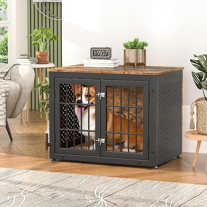 32" Heavy Duty Dog Crate Furniture for Small and Medium Dogs, Metal Kennel for High Anxiety Dogs, Chew Proof Pet Cage Indoor, Decorative Dog Kennel End Table-Mewly Pet