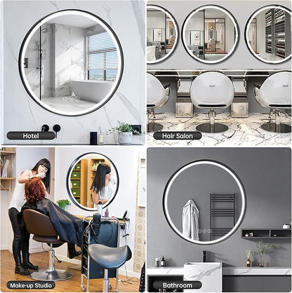24 Inch Round Bathroom Mirror with Lights, Black Metal Framed Frontlit Circle Mirrors for Wall, Led Light Mirror with Anti-Fog, Memory Function, 3 Color Temperature, Dimmable Makeup Mirror