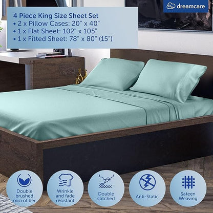 DREAMCARE King Size Sheets Set - Cooling Bed Sheets - 4pcs Set - up to 15" Deep Pocket King Sheet Set – Soft & Long Lasting Cooling - 100% Fine Brushed Microfiber with Side Pocket - Spa Blue