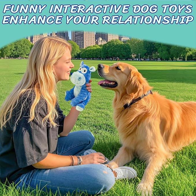 Squeaky Stuffed Dog Toys, Chew Toy for Large Medium Small Breeds, Plush Dog Toys to Keep Them Busy, Puppy Teething Dog Toy, Crinkle Dog Toy (Blue Hippo)-Mewly Pet