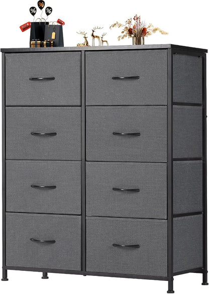OLIXIS Dresser for Bedroom, 8 Storage Drawers, Wide Fabric Closet Chests Organizer Tower Furniture, TV Stand with Wooden Top Metal Frame for Clothes, Living Room, Hallway, Entryway, Classic Grey