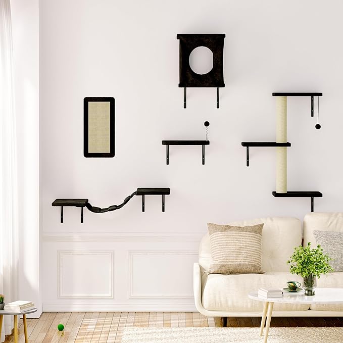 NUNU LAB Wall Mounted Cat Furniture, 5 Pcs Cat Wall Shelves with House, Bridge, Steps, Scratching Post, Shelves, Indoor Safe & Stable Furniture for Kittens Play, Black-Mewly Pet