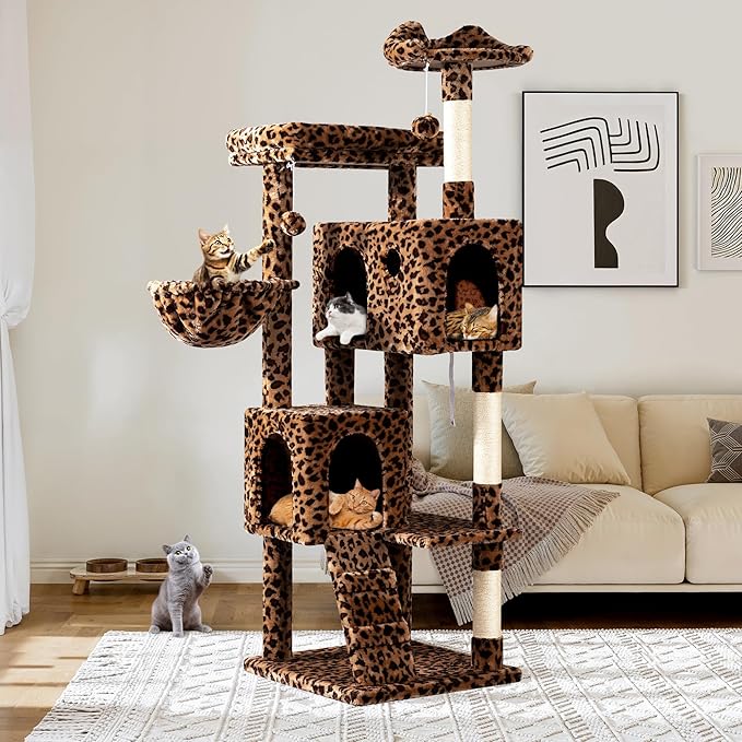Allewie 64 Inches Cat Tree Tower/Multi-Level Activity Center for Indoor Big Felines/2 Plush Condos/2 Perchs/Basket/House/Sisal Scratching Posts/Hanging Cat Toys/Leopard Print-Mewly Pet
