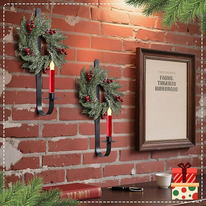 2 Set Christmas Metal Wall Candle Sconce Holder Wall Mount Candle Holder with Berry Wreath for Farmhouse Living Room Entryway Fireplace Bedroom Bathroom Decor, Only Applicable to LED Candles