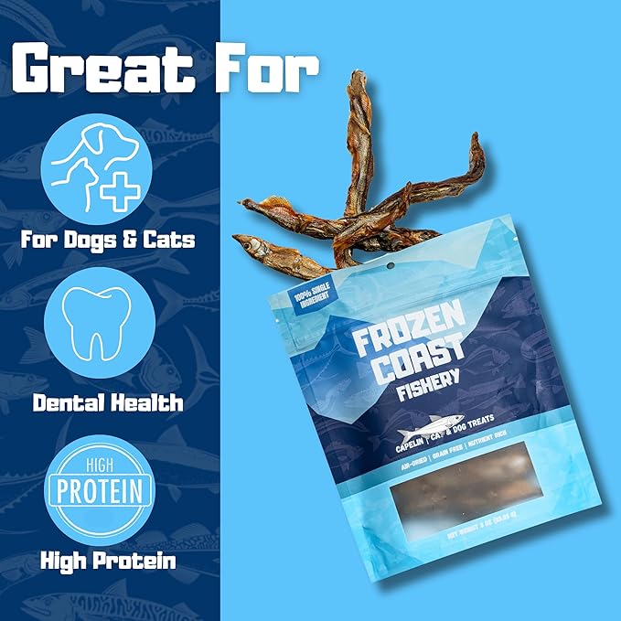 Frozen Coast Capelin Cat & Dog Treats- Single-Ingredient, All-Natural, High-Protein, Omega-3s, Fish Snacks (3 oz Bag)-Mewly Pet