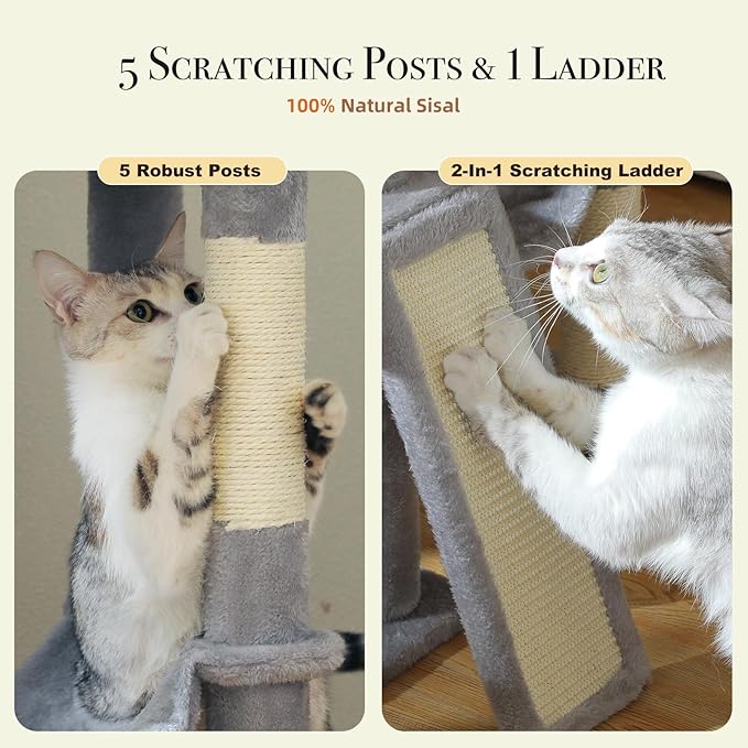 PAWZ Road Tall Cat Tree, Floor to Ceiling Cat Tower with Adjustable Height(85-112 Inches), 7 Tiers Climbing Tower with Cozy Hammocks, 5 Platforms and Scratching Posts for Indoor Cats-Gray-Mewly Pet