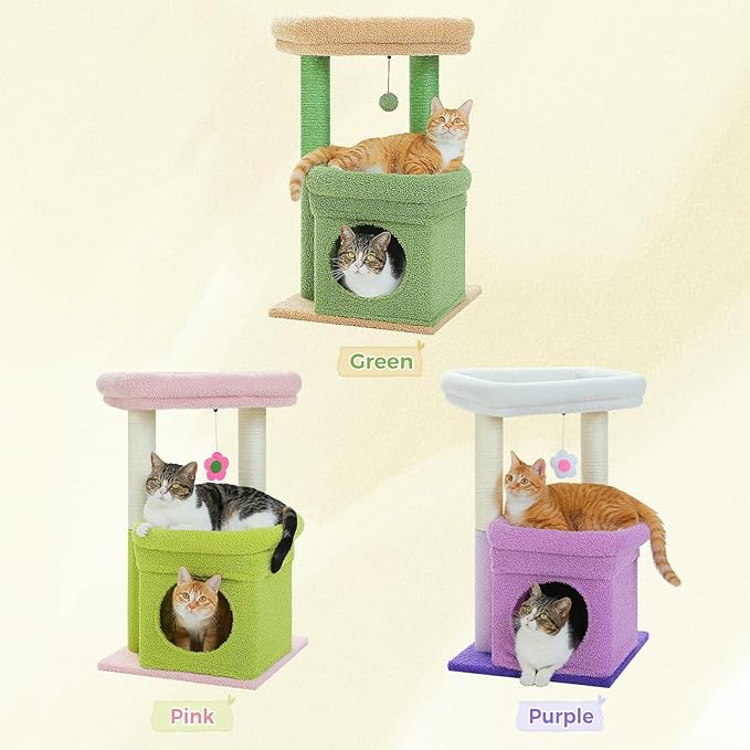 PEQULTI Cat Tree Cactus Cat Tower for Indoor Cats with Private Cozy Cat Condo, Natural Sisal Scratching Posts and Plush Pom-pom for Small Cats Green-Mewly Pet