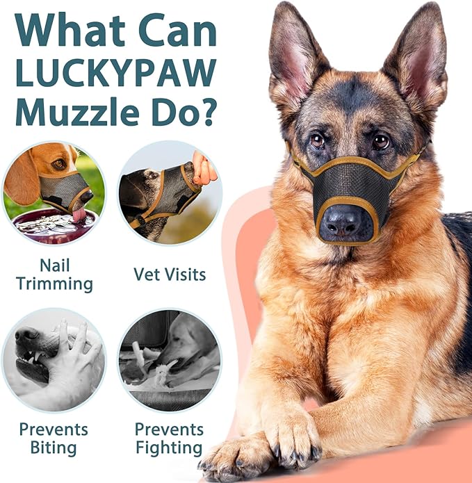 LUCKYPAW Dog Muzzle, Mesh Muzzle for Large Medium Small Dogs, Soft Mouth Guard for Biting Chewing, Breathable Mouth Guard with Adjustable Strap for Training(Brown, M(Snout:8.75"-9.5"))-Mewly Pet
