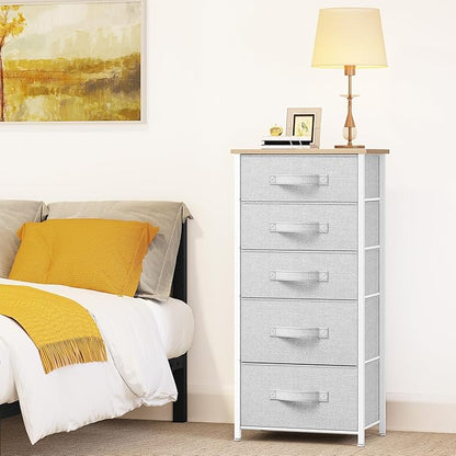 YITAHOME Tall 5 Drawer Dresser - Fabric Storage Tower, Organizer Unit for Bedroom, Living Room, Hallway, Closets - Sturdy Steel Frame, Wooden Top & Easy Pull Fabric Bins - Light Grey