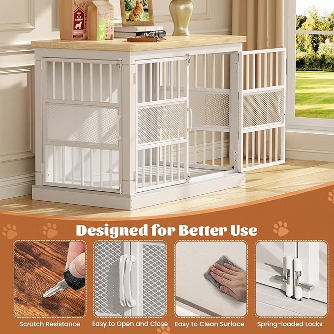 VOPEAK 46" Dog Crate Furniture, Chew Resistant Large Dog Crate for Medium Large Dogs, Heavy Duty XL Dog Crates Dog Kennel Cage Indoor with Double Doors, End Table for Bedroom Living Room, White-Mewly Pet