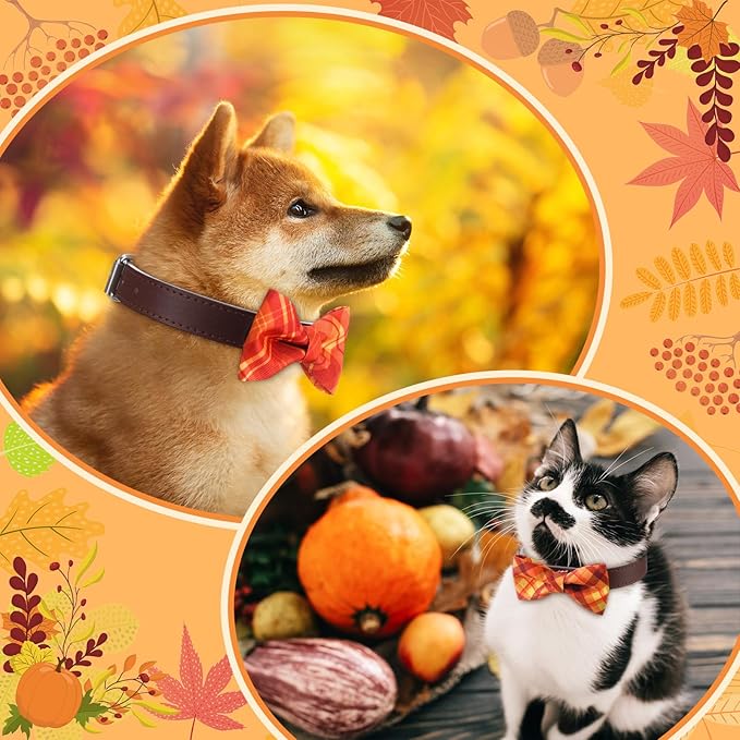 Hillban 50 Pcs Fall Collar Dogs Bow Ties Autumn Plaid Dogs Collar Accessories for Pets Bow Ties Attachment with Elastic Bands Detachable Charms for Doggie Fall Autumn Costume-Mewly Pet