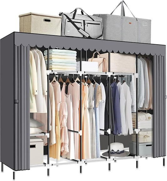 LOKEME Portable Closet, Great Size 82-Inch Portable Wardrobe with 5 Hanging Areas and 10 Storage Shelves for Hanging Clothes, Extra Sturdy 25mm Steel Tube and Easy to Assemble, Grey