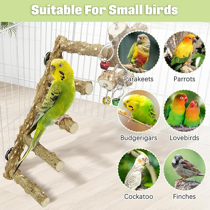 BNOSDM Natural Wood Bird Ladder Perch with Rotating Bell Toys-Exercise Stands for Parrot Climbing Chewing Parakeet Bridge Cage Accessories for Cockatiel, Conures, Lovebirds, Budgie-Mewly Pet