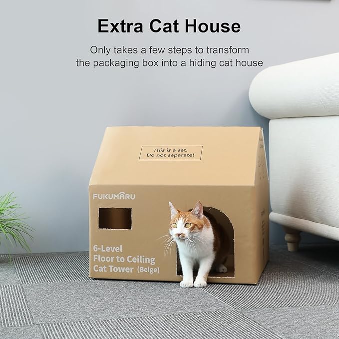 FUKUMARU Floor to Ceiling Cat Tree, 6 Level Adjustable Height (6-10 ft) Climbing Tower with Thickened Scratching Posts, Cats Activity Center with Cozy Hammock - Beige-Mewly Pet