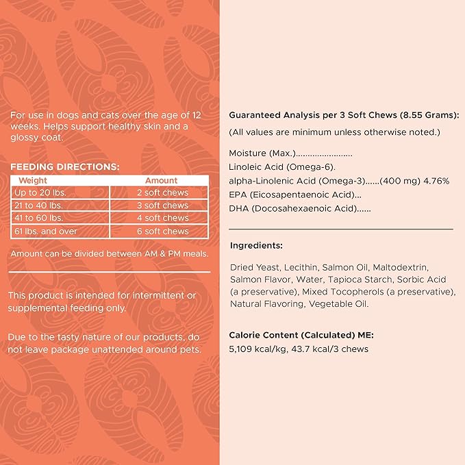 Fish Oil Omega 3 Supplements for Dogs -360 Soft Chew Treats for Skin and Coat -Salmon Oil Blend of Fatty Acids, Omega 3, 6, Vitamins, Antioxidants -Made in USA (2 Packs of 180, Salmon Flavor)-Mewly Pet