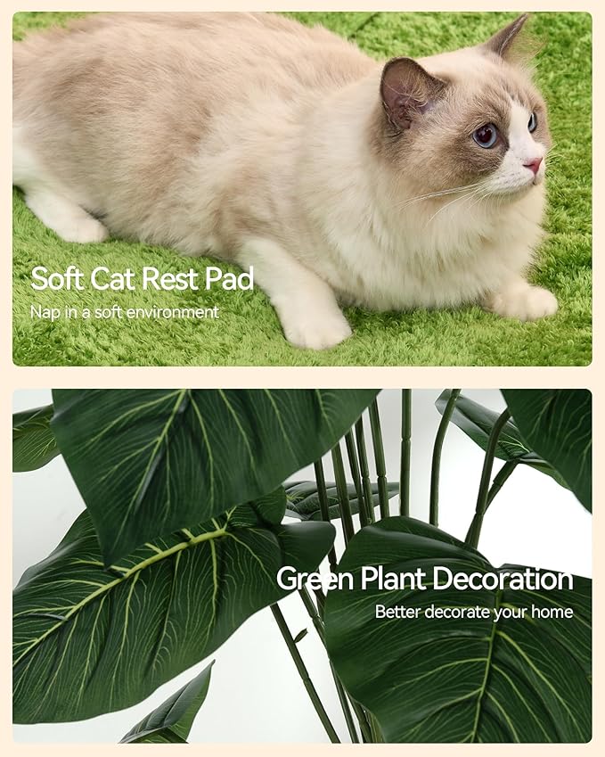 FourFurPets Large Cat Tree with Leaves, 72.8-Inch Cat Tower for Indoor Cats, Modern Cat Tree with Scratching Post, Large Perch, Tunnels, Swing Ball, Self Groomer, Greige-Mewly Pet