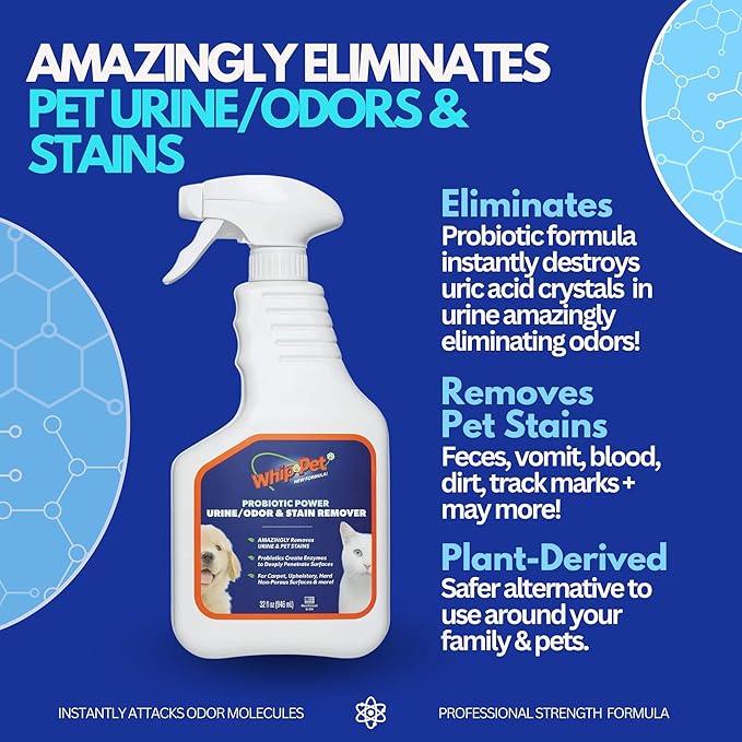 Whip-Pet Pet Odor Eliminator and Stain Remover -Professional Strength Enzymatic Cleaner for Dog Urine and Carpet Odor Eliminator - Pet Odor Remover, 32OZ-Mewly Pet