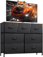 WLIVE 7 Drawer Dresser TV Stand, Entertainment Center, Media Console Table with Metal Frame and Wood Top for TV up to 45 inch, Chest of Drawers for Bedroom, Living Room, Black and Rustic Brown