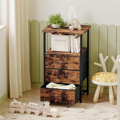 Fixwal Night Stand with 3 Fabric Drawers, Nightstand for Bedroom, Bedside Table with Charging Station End Table with Storage, Rustic Brown