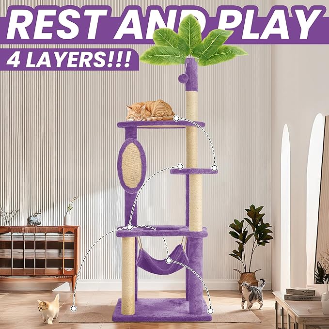 55 Inch Large Cat Tree Tower for Indoor Cats with Hammock Green Leaves Sisal Scratching Post, Plush Hang Ball Play Furniture for Kittens & Adult Cats, New Purple-Mewly Pet