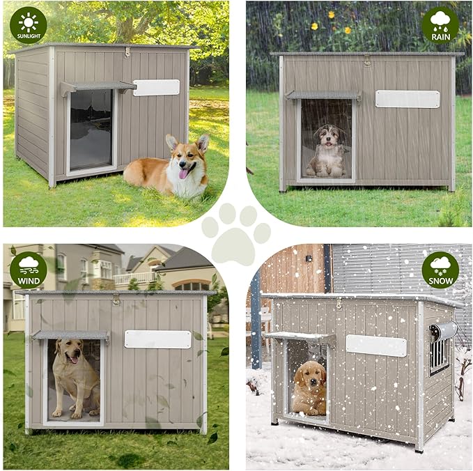 Large Dog House Outdoor XL Wooden Dog House with Weatherproof Asphalt Roof, Chew-Resistant Frame, Removable Floor, for Medium to Large Dogs Indoor Outdoor Use (Grey, 43.3"L x 29.5"W x 33.5"H)-Mewly Pet