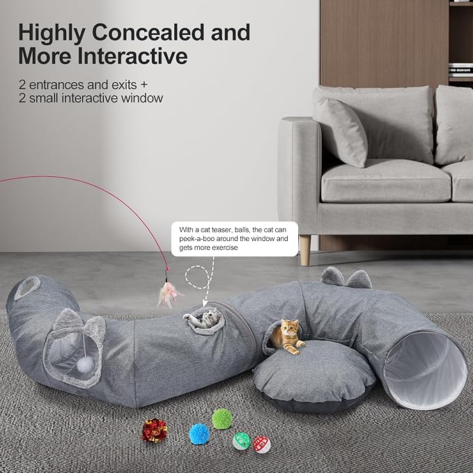 Odoland Summer Linen Cat Tunnels for Indoor Cats with Cooling Central Cat Bed, Interactive Cat Toys Detachable Soft Mat and Variety Kitty Toy Set Grey-Mewly Pet