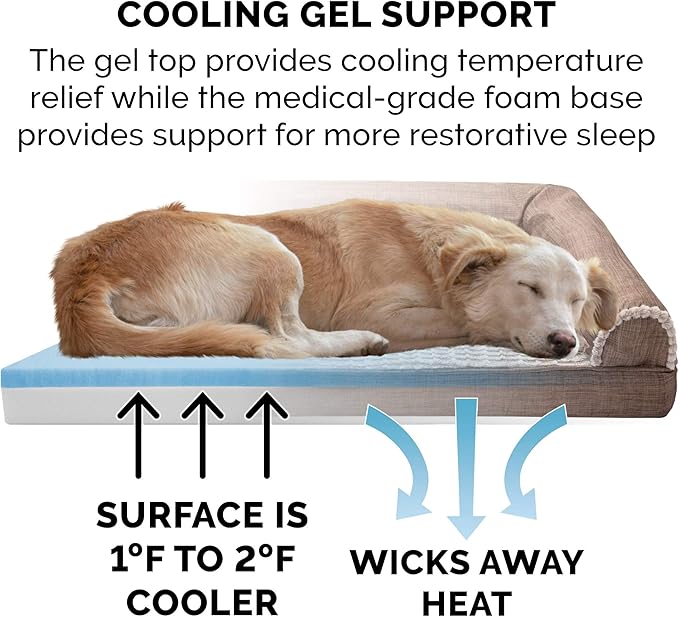 Furhaven Cooling Gel Dog Bed for Large Dogs w/ Removable Bolsters & Washable Cover, For Dogs Up to 95 lbs - Luxe Faux Fur & Performance Linen Sofa - Woodsmoke, Jumbo/XL-Mewly Pet